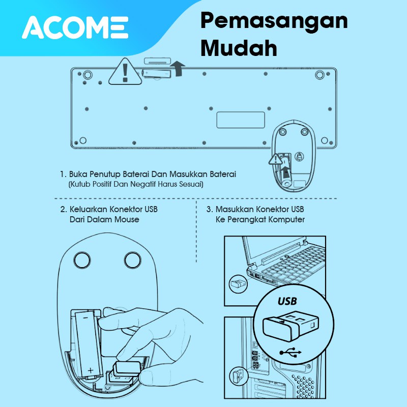 Acome Keyboard &amp; Mouse Combo Wireless Portable 1600 DPI Tombol Silikon Garansi Resmi 1 Tahun AKM2000