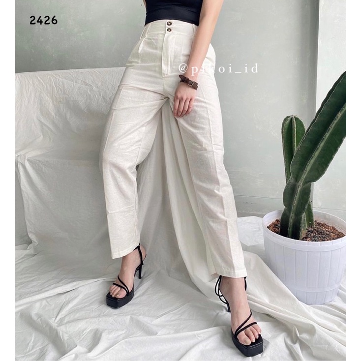 Celana Highwaist / Celana panjang wanita katun linen / celana wide leg hitam putih / celana tinggi