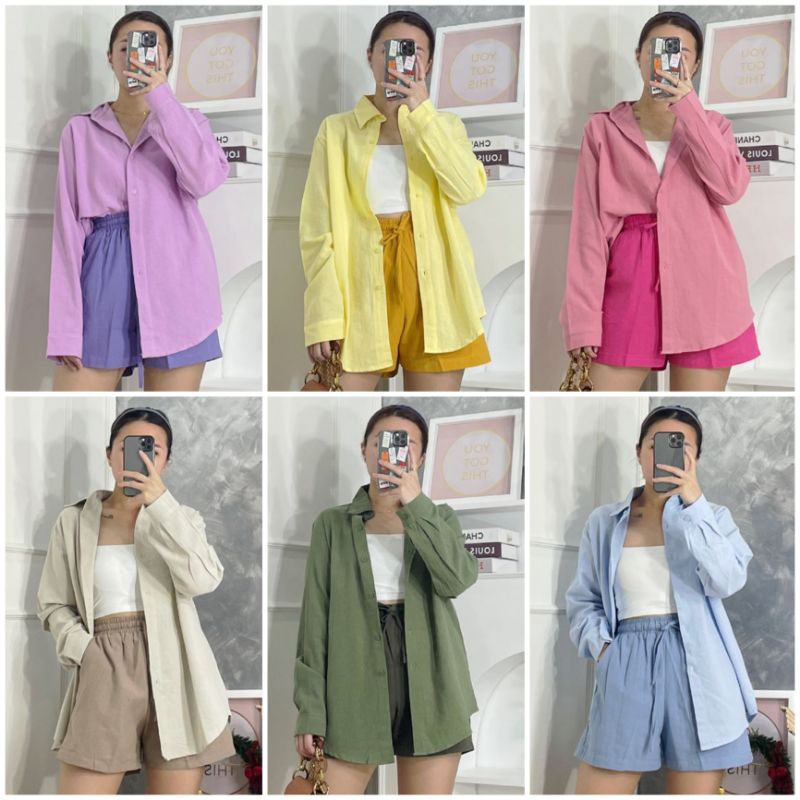 ⚡️CLEARANCE SALE ♡ PREMIUM ♡ ORIGINAL ! JANESSA TWO TONE  2 IN 1 SET LONG SLEEVE COLLAR  BUTTON SHIRT WITH SHORT PANpTS / SETELAN POLOS KEMEJA &amp; CELANA PENDEK ( BUSUI FRIENDLY )