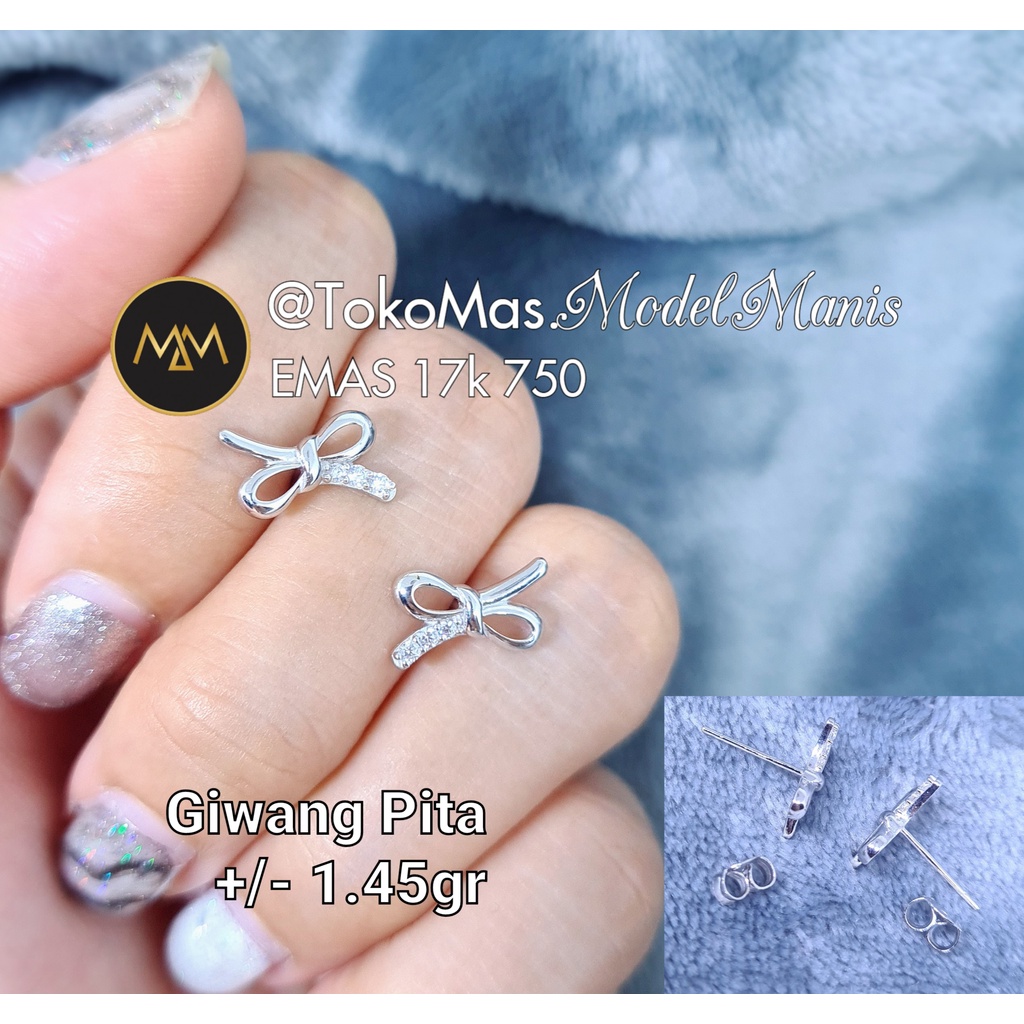 Anting Tusuk Pita emas putih 750 kadar 17k