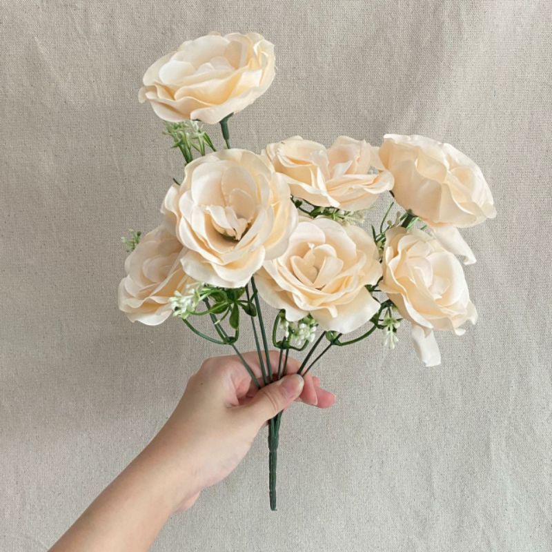 Bunga Mawar Impor Rose Paris Kombinasi x7 (satuan) Bunga Artificial / Bunga Plastik / Bunga Dekorasi-Peach