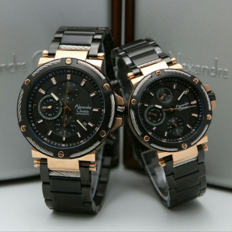 ALEXANDRE CHRISTIE AC6561 BLACK ROSEGOLD COUPLE.ORIGINAL GARANSI RESMI 1TAHUN