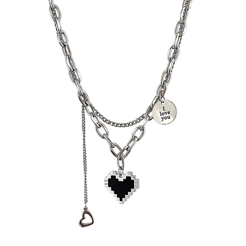 COD❤️Kalung Titanium Cinta Mosaik Wanita Pria Korea Liontin Hip Hop Anti Karat Dan Luntur Mewah Multi-layer Retro Murah Import Ready Stock