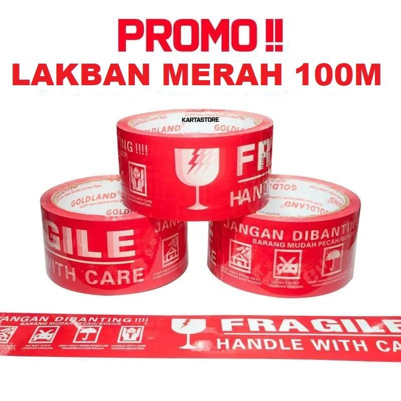 Lakban Fragile Jangan Dibanting Merah 100meter 2inchi