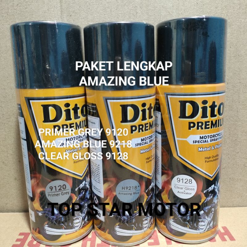 Pilok Paket Lengkap Cat Diton Premium Primer Grey 9120 Amazing Blue H9218 9218 Clear Gloss 9128 400cc.. Pilok Paketan Amazing Blue Cat Semprot Diton Premium 400cc