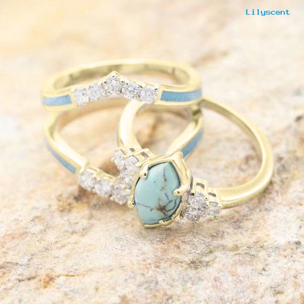 3pcs / Set Cincin Bahan Alloy Hias Berlian Imitasi Turquoise Untuk Wanita