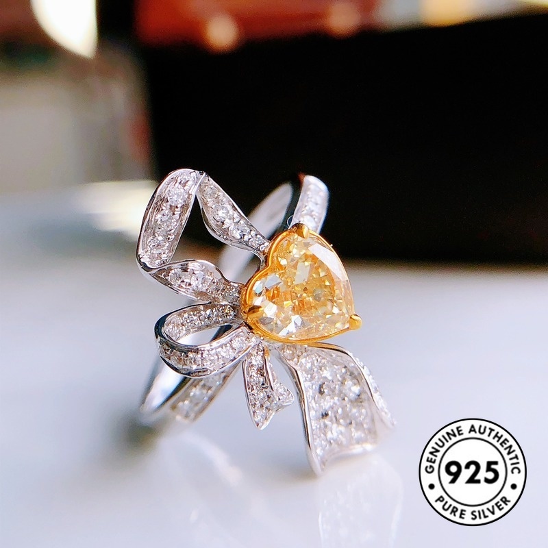 Cincin S925 Silver Bentuk Hati Aksen Berlian Warna Kuning