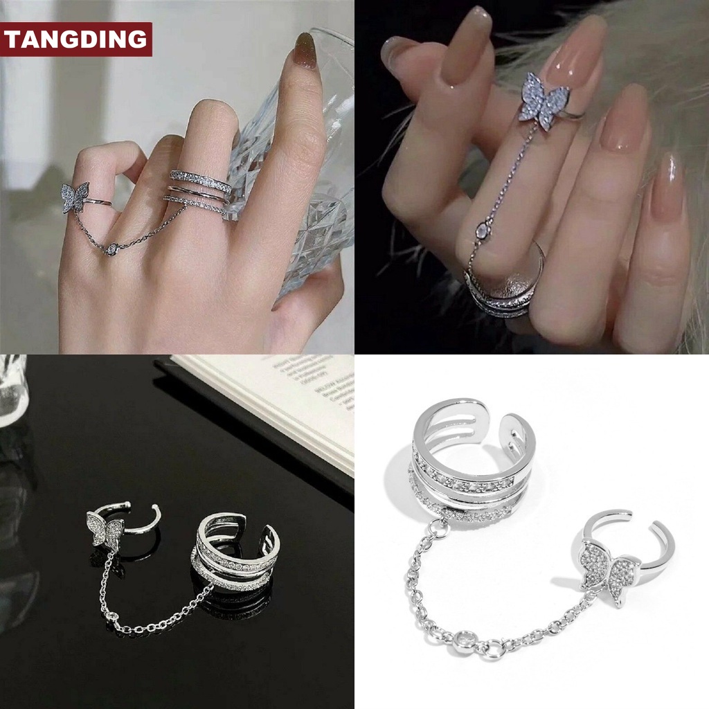 【COD Tangding】Tassel Butterfly Mittens Ring Zircon Adjustable Chain Open Silver Rings Women Party Jewelry