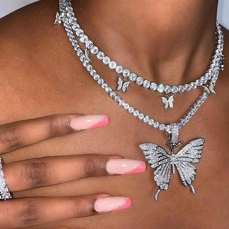 Big Butterfly Pendant Necklace Rhinestone Chain for Women Bling Tennis Chain Crystal Choker Necklace Jewelry