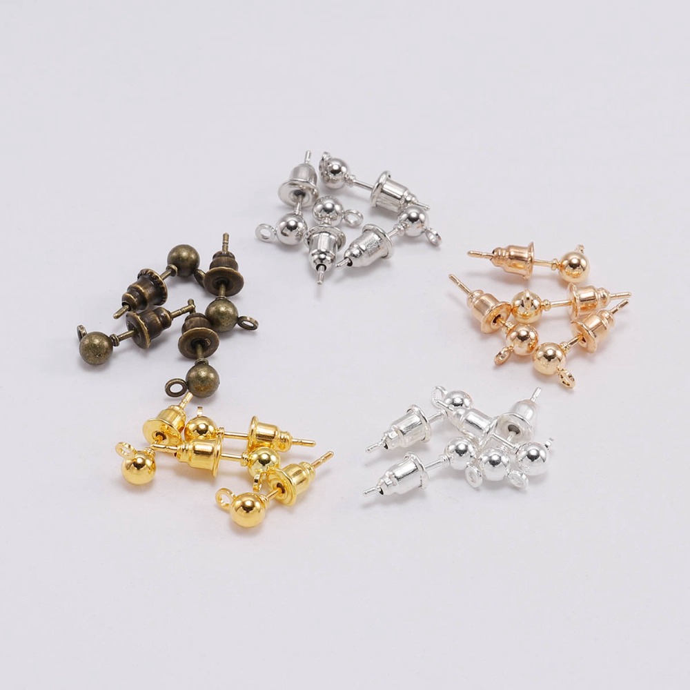 50pcs / Lot Pin Konektor Anting Stud Basic Ukuran 3 / 4 / 5mm Warna Silver Untuk Membuat Perhiasan Diy