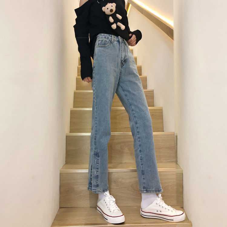 Celana Panjang Korean Stye Celana Fashion Style Ins Retro Pinggang Longgar Split Jeans Lurus Celana Panjang