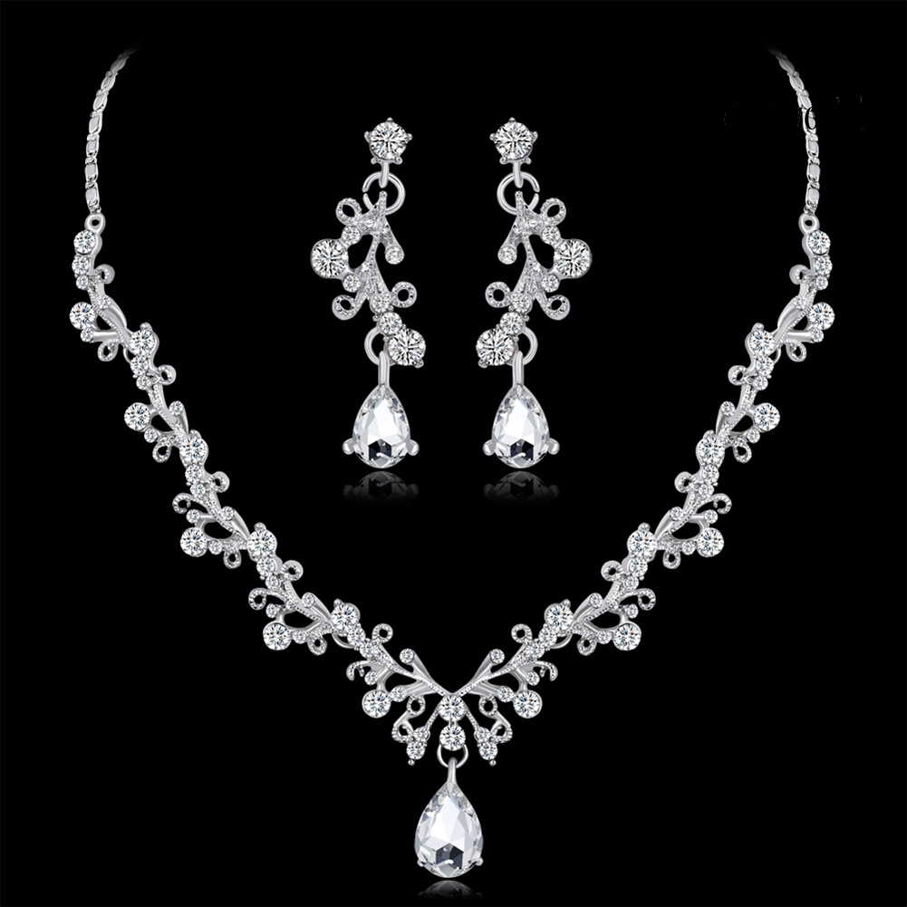 OW@ Women Fashion Rhinestone Teardrop Pendant Necklace Dangle Earrings Jewelry Set