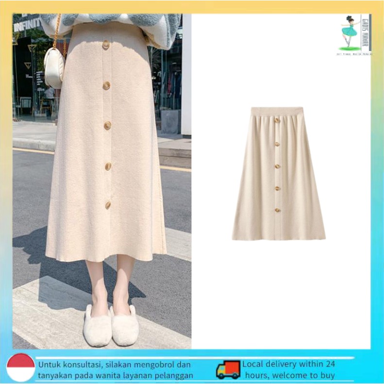 Rok Rajut Korean Style Skirt Rok Kantor Rok Kancing Panjang Putih Rok Panjang Payung