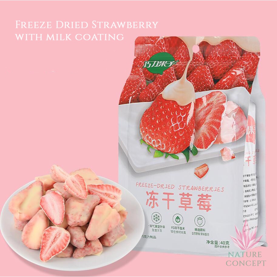 Freeze Dried Strawberry Cemilan Snack Strawberry Mango Mixed Fruit Coconut Durian Utuh with Milk Coated Stroberi Susu LENGKAP TERMURAH