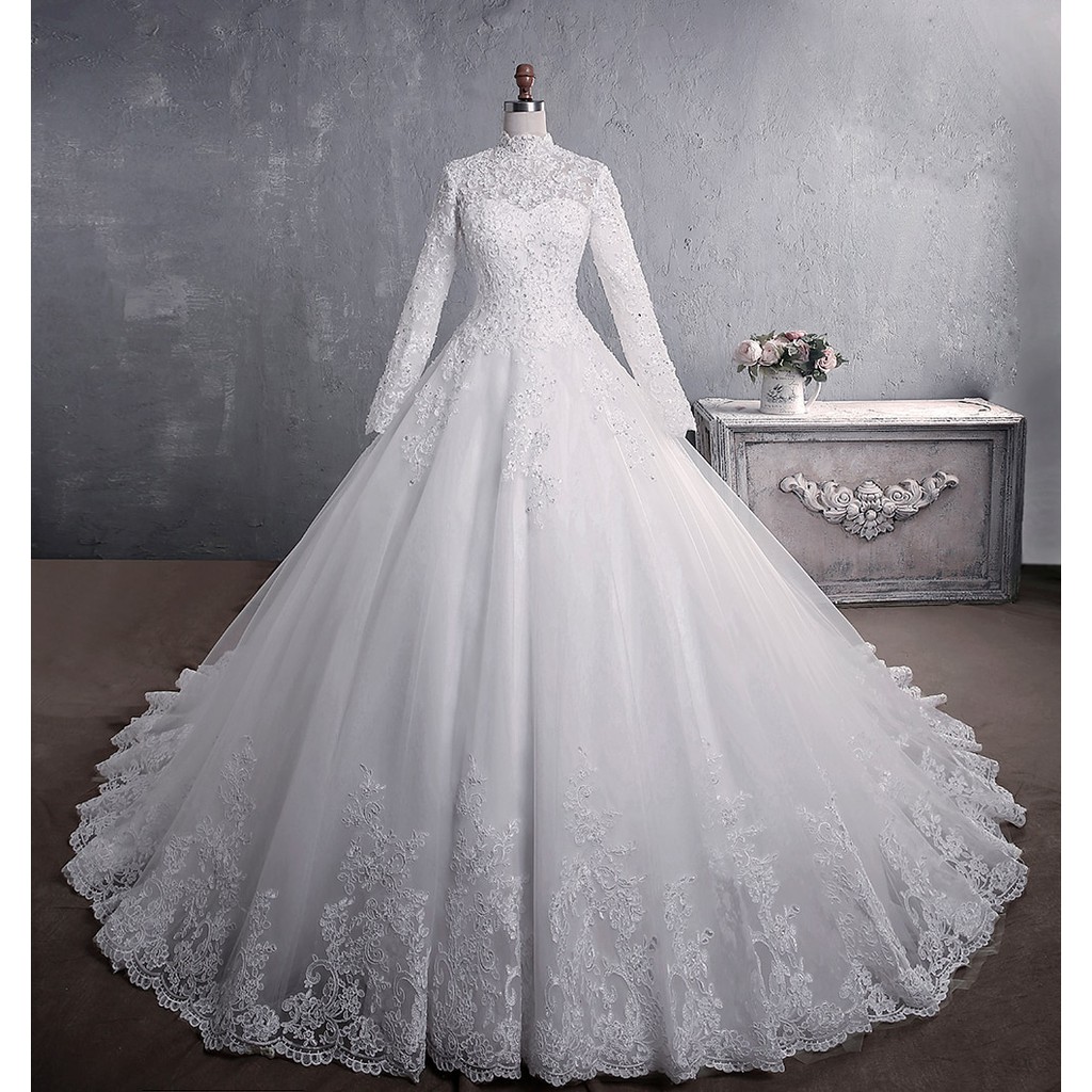 Elegant Princess Bride Dress Vintage Muslim Wedding Dress Long High Neck Lace Beading Wedding Gown