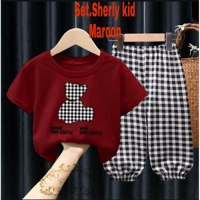 SET CELANA KID ANAK SHERLY KOTAK, BABYTERRY KATUN, SETELAN, 3 UKURAN