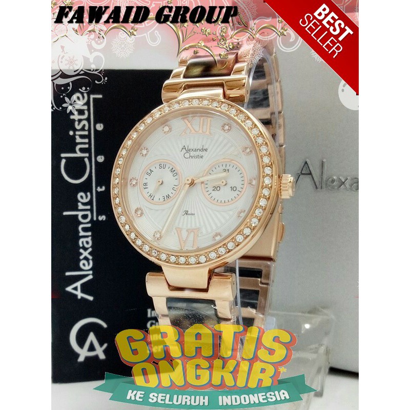 BEST SELLER JAM TANGAN WANITA ALEXANDRE CHRISTIE AC 2514 MULTIFUNGTION WANITA ROSEGOLD LEOPARD ORI