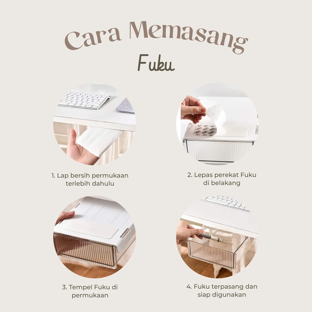 【IKONE】FUKU Portable Desk Drawer Laci Meja Laci Bawah Meja PET DIY Laci Tempel Bawah Meja Drawer Storage Box Laci Penyimpanan Kantor Rumah Organizer Meja Alat Tulis Buku Baju Dalaman Underwear Storage