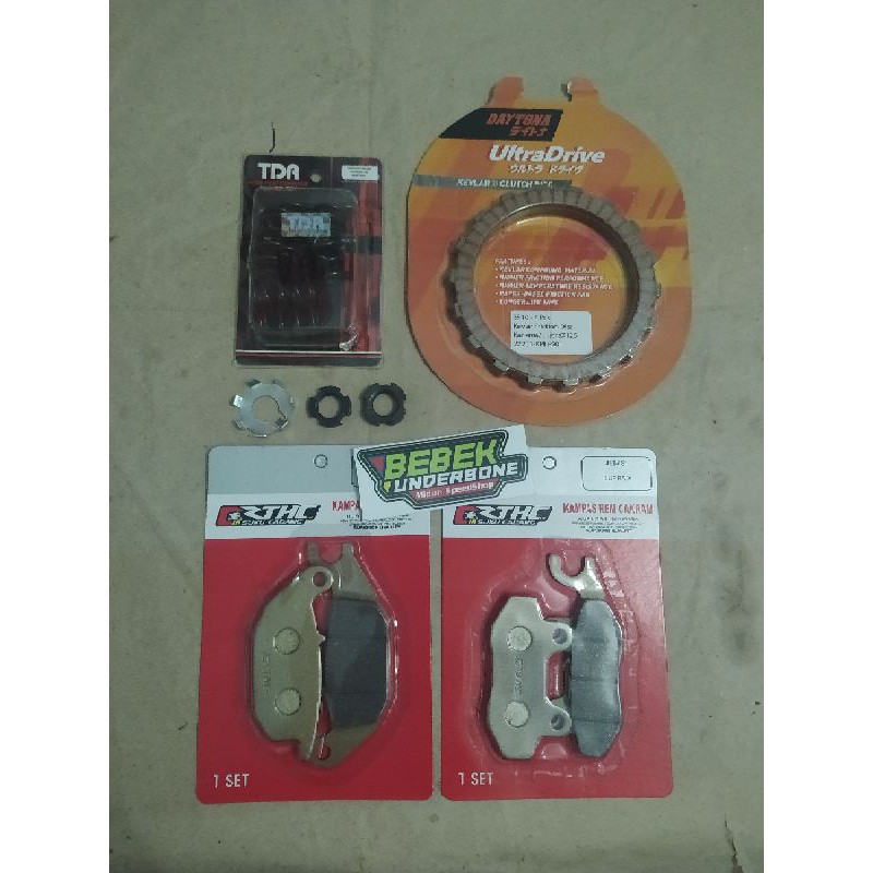 Paket Kampas Per mur + ring pengunci kopling Kampas rem depan belakang Supra x 125