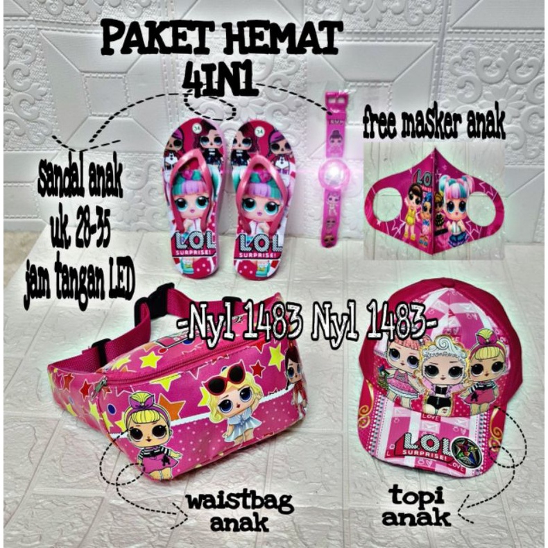 REAL PICT | paket hemat 4in1 tas selempang anak waistbag free topi / sandal / jam tangan