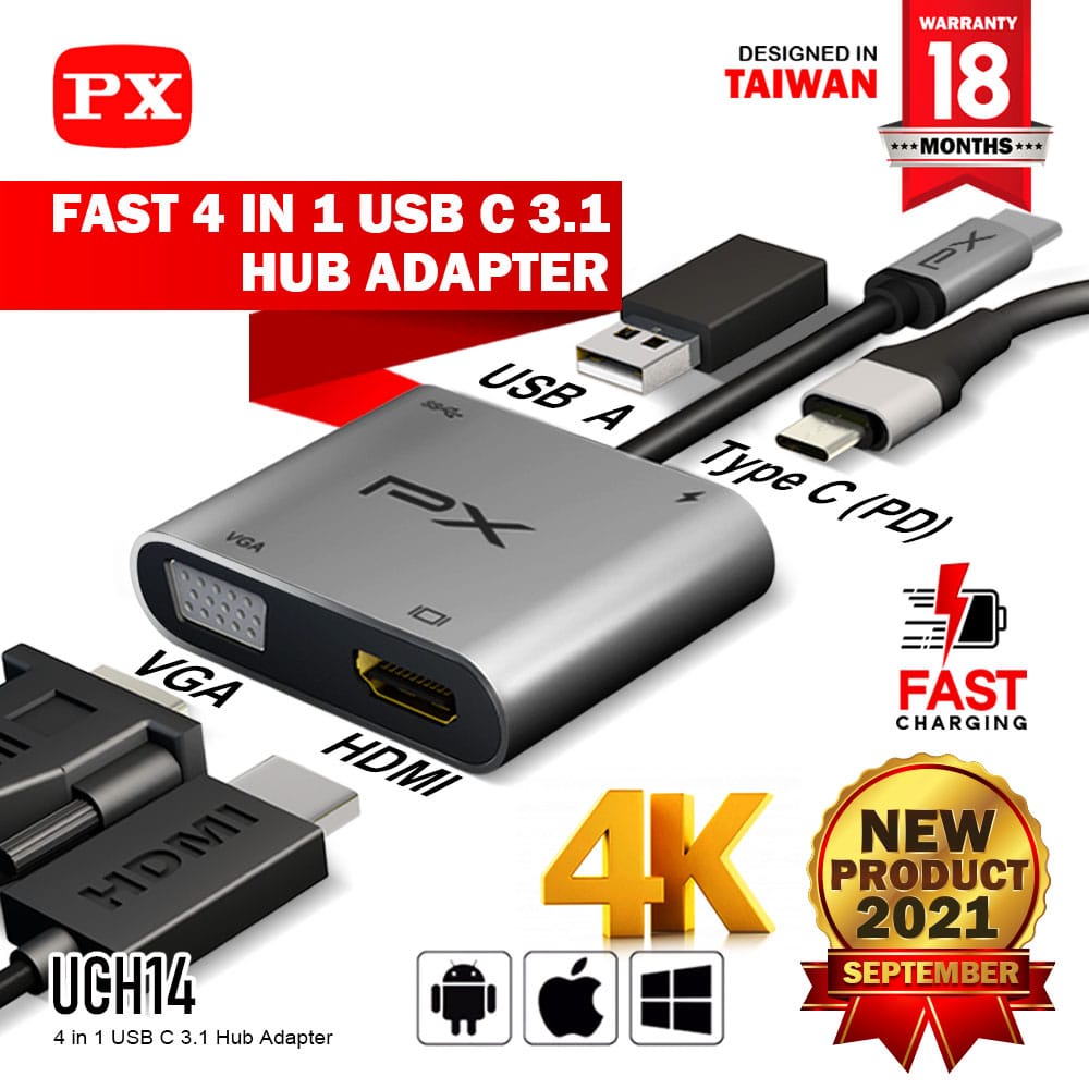 USB HUB C 3.1 THUNDERBOLT 3 HDMI 4K VGA FAST CHARGING 4in1 PX UCH14