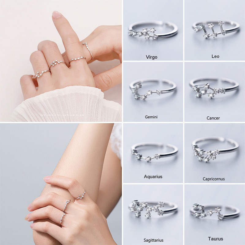 Cincin zircon sterling silver 925 adjustable Desain 12 Rasi Bintang Untuk Pria Dan Wanita