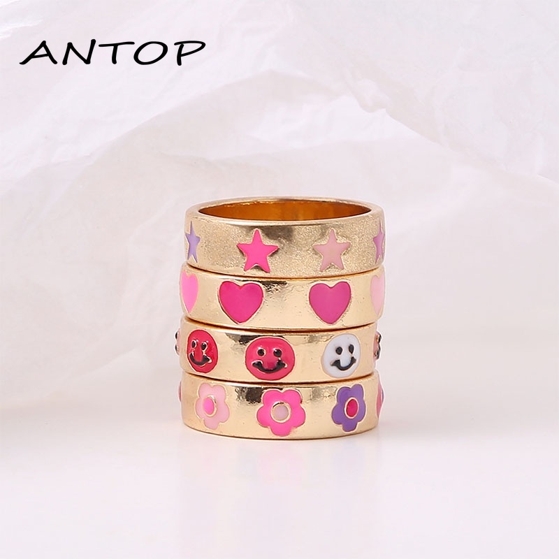 Fashion Sederhana Macarons Bohemian Kartun Cincin Cinta Smiley Bunga Bintang Seri Cincin Pasangan ANTOP