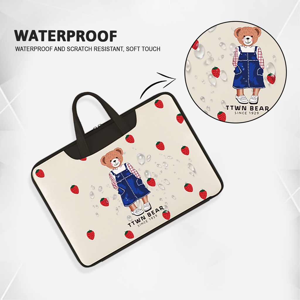 Sleeve Pouch Sarung Tas Bag Case Ipad Tab Tablet Macbook Air Pro Laptop Asus Acer Lenovo HP Huawei 11 12 13 14 15 inch Motif Gambar Beruang Bear Strawberry Warna Putih Merah Hitam Lucu Cute Murah Korean Model Jinjing Tali Strap