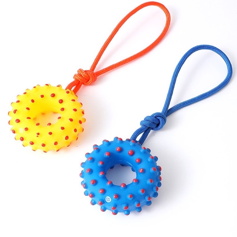 donut teething thorn ring with rope squeaky toy