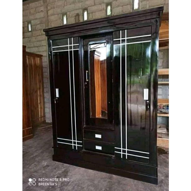 Lemari 3 pintu sleding kayu jati