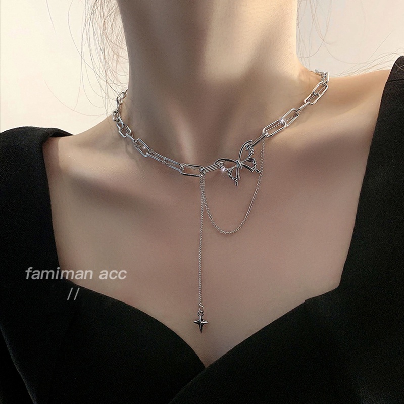 AY(CN) Kalung Rantai Choker Multilayer Liontin Kupu-Kupu Hati Warna Silver Gaya Korea Untuk Wanita