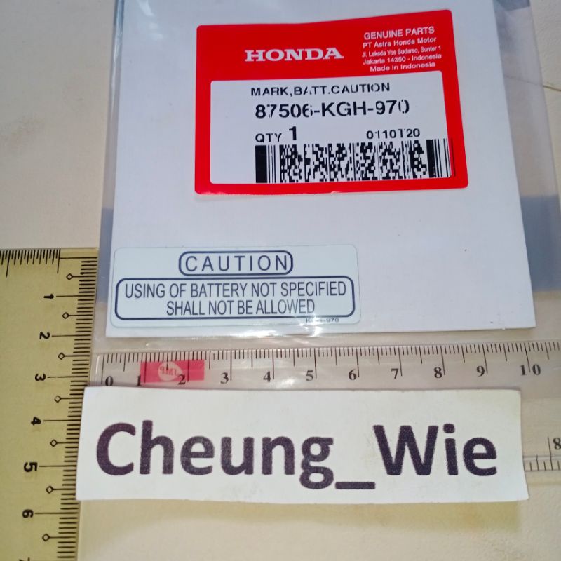 87506KGH970 Stiker caution box aki Honda City Sport 1- Cs1 - Nova Sonic 125 ori Honda AHM