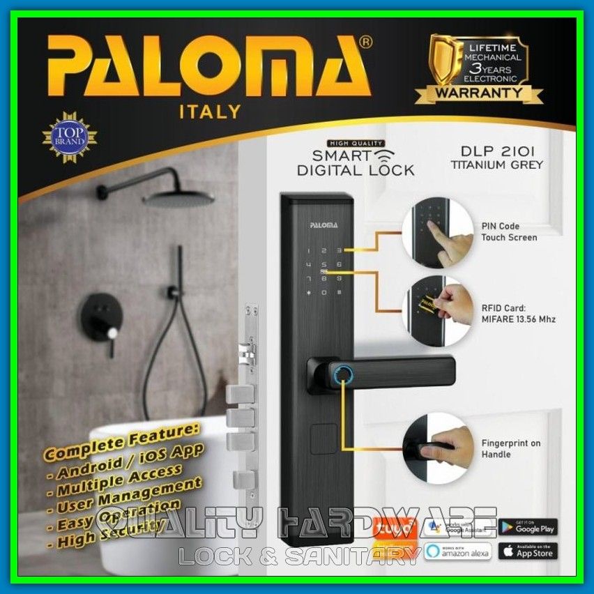 Kunci Pintu Digital Paloma QHDLP 2101 Smart Digital Wifi FingerPrint Hitam Handle Password Kunci