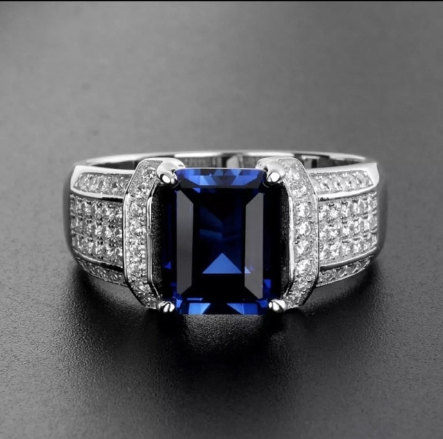 Cincin Pria Perak Blue Saphire Elegan Mewah Berkelas Safir Biru