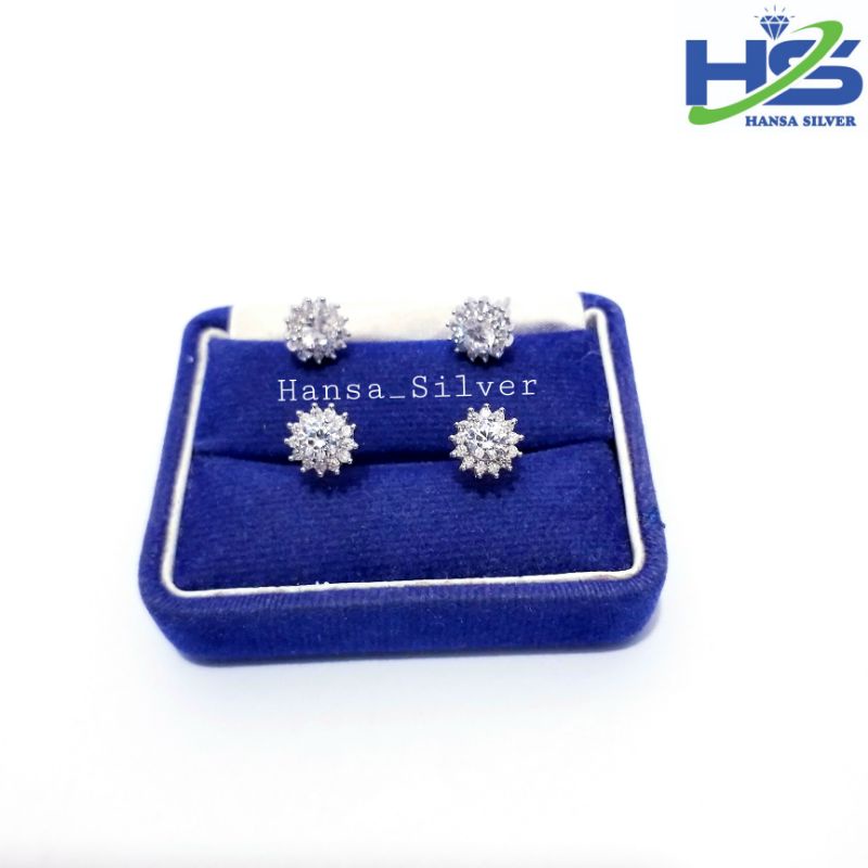 Anting Tusuk Perak Asli Silver 925 Lapis Emas Putih Model Giwang Bulat Bunga - Anting Wanita Anti Karat