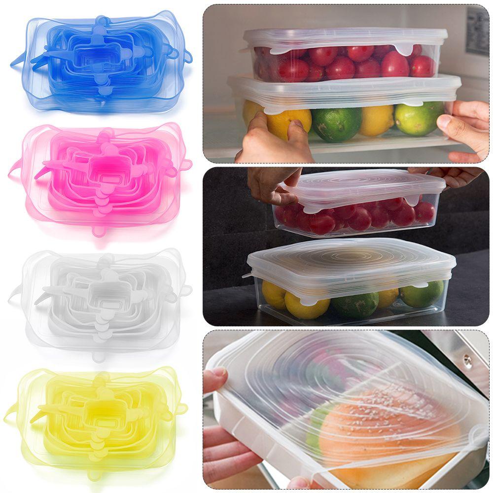 R-FLOWER Penutup Mangkok Universal 4warna Makanan Segar Peralatan Masak Reusable Seal Bulat Kotak