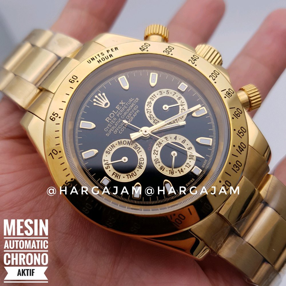 Jam Pria Automatic Rolex Oyster Perpetual Super Chrono Rantai Gold dial Hitam matic otomatis