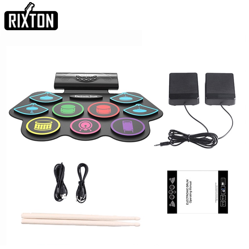 Rixton Electronic Drum Set 9 Pads Bluetooth Roll-Up Digital Drum Built-in Dual Speaker With MIDI Function