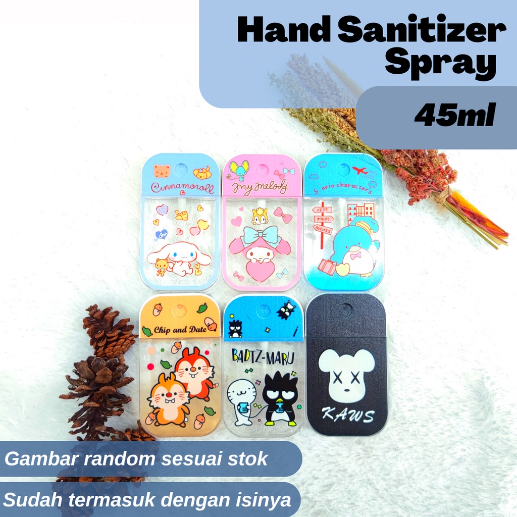 Hand Sanitizer Kemasan Botol Gantung Kotak Spray 45ml Portable Square Hand Gambar Lucu Kartun Sanrio Sanitizer Aroma Parfum Segar Harum Wangi BONUS ISINYA!