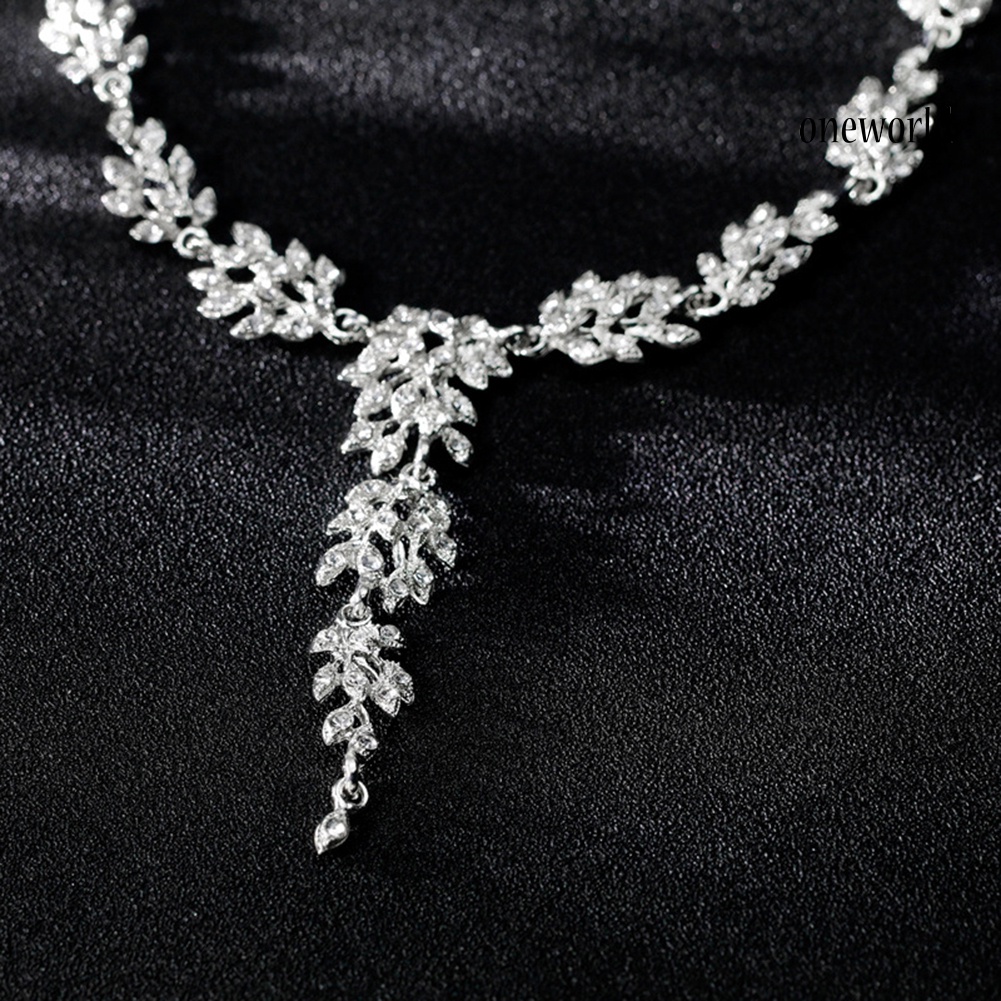 OW@ Fashion Leaf Rhinestones Necklace Earrings Women Bride Wedding Jewelry Set