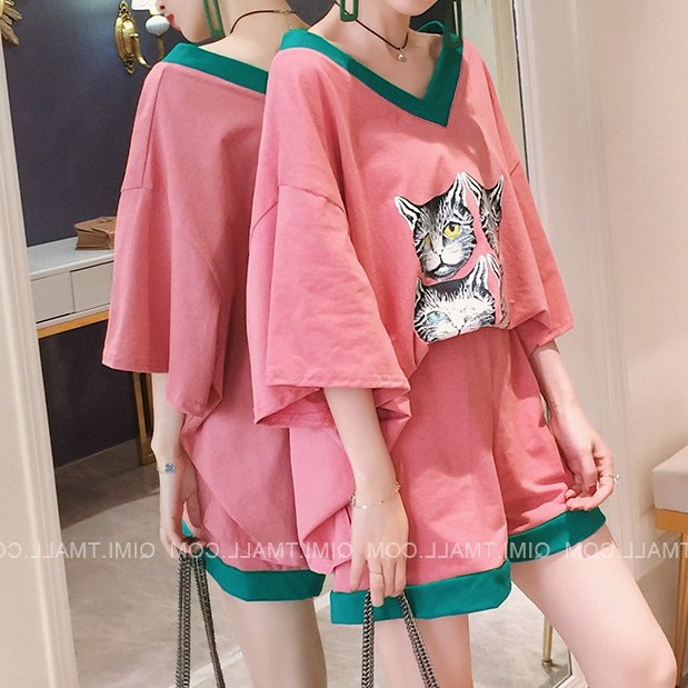 KSE-09 set atasan bawahan wanita import korea jepang big size oversized kucing