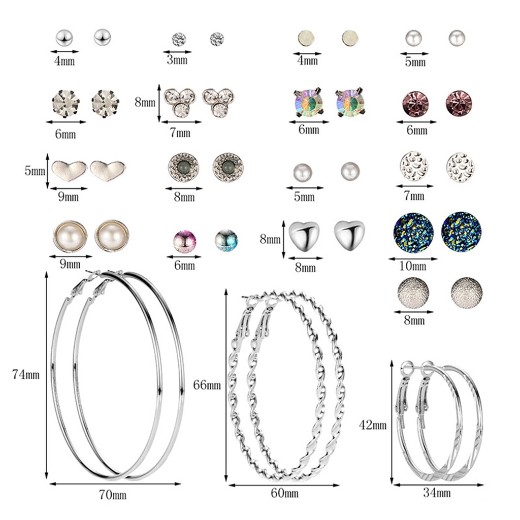 Hu Hu Hu Hu Hu Alat Bantu Pasang Kacamata♡ 20 Pasang / Set Anting Tusuk Berlian Imitasi Model Hati / Lingkaran Untuk Wanita