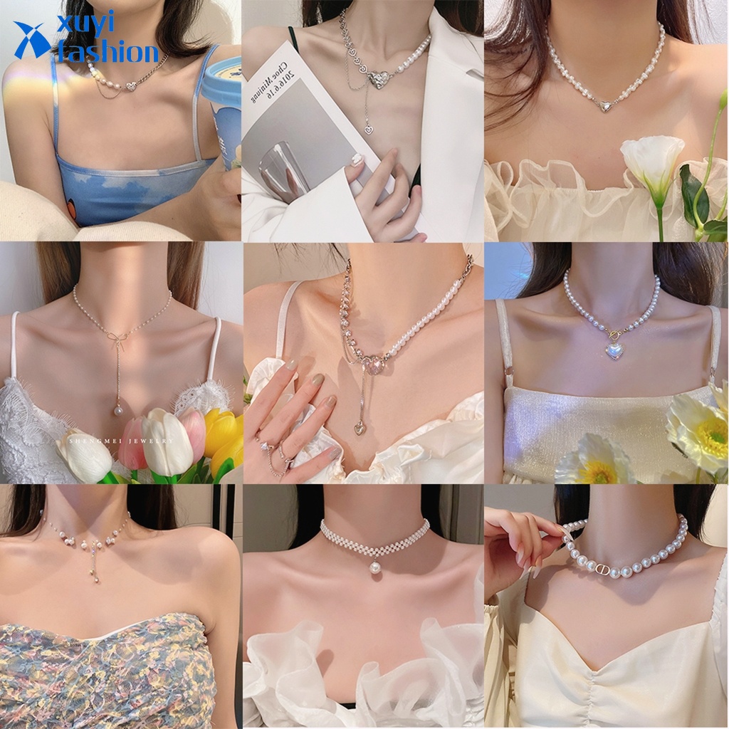 Kalung Choker Dengan Liontin Bentuk Hati Aksen Mutiara Kristal Untuk Wanita