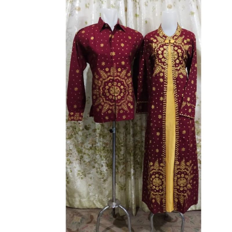 couple gamis songket Palembang maron mix gold -baju kondangan modern