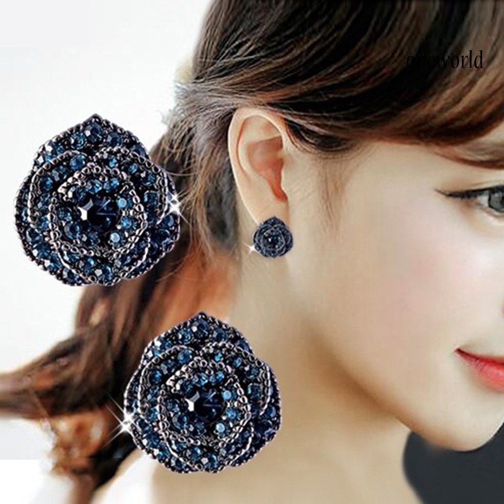 OW# Fashion Women Blue Flower Rhinestone Ear Stud Earring Jewelry Accessory Gift