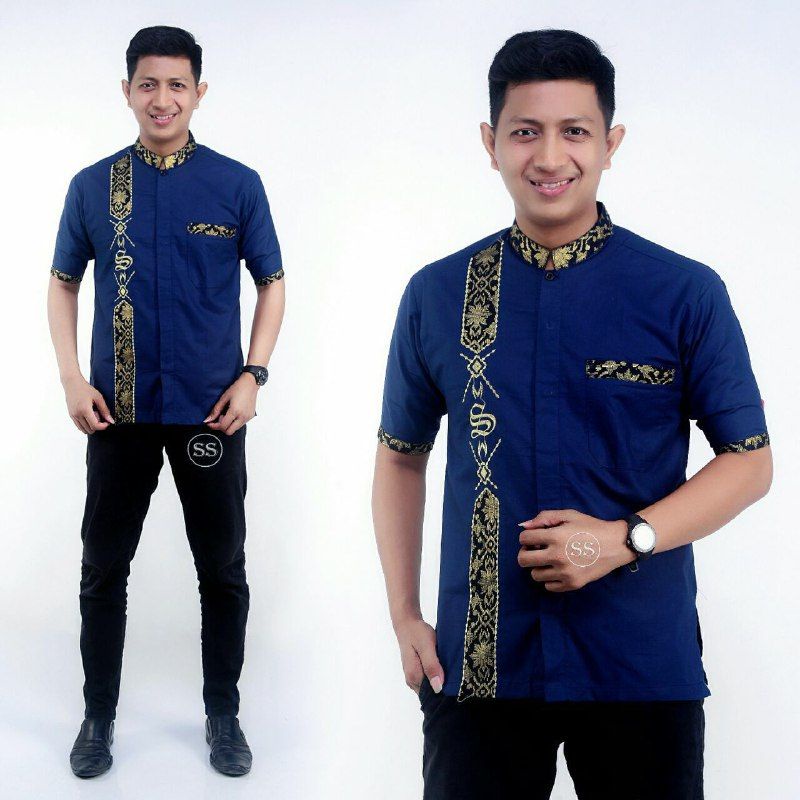 Baju koko Pria Bordir lengan pendek Baju koko Dewasa Matt Katun M L XL XXL Spesial navy/biru dongker