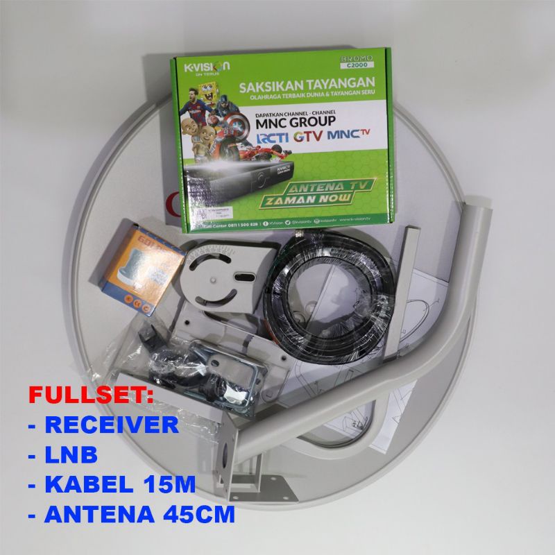 Parabola mini komplit diameter antena 45cm, kabel 15meter, receiver K-Vision, LNB