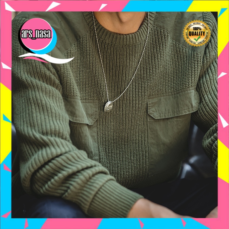 Sweater Pria Premium Madden Workwear  Retro Komando Tentara Outdoor Sweater Hijau Perban Gaun Patchw
