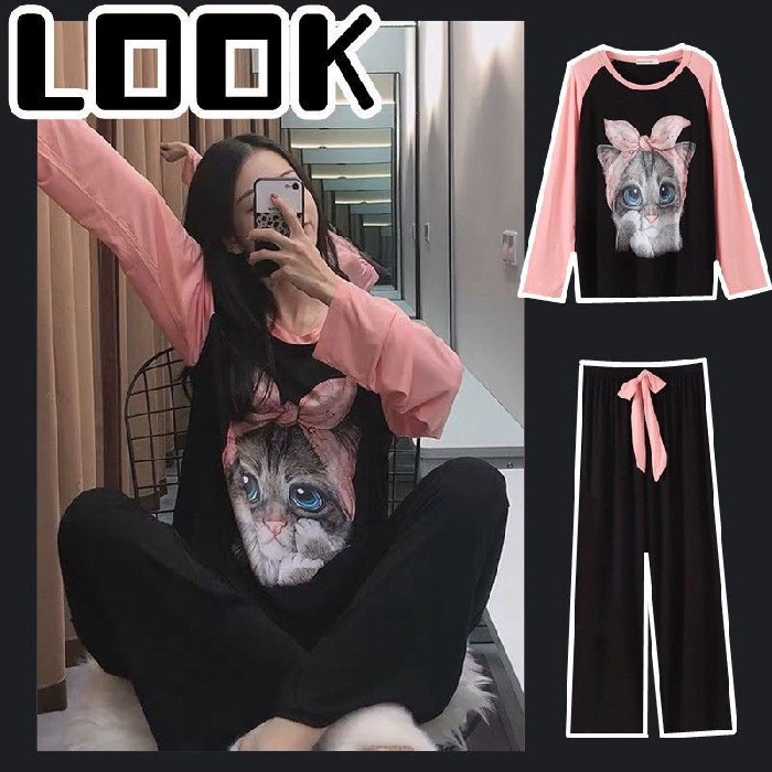 Piyama Cewek Sablon Cat Ribbon Baju Tidur Wanita Premium Import Lengan Panjang