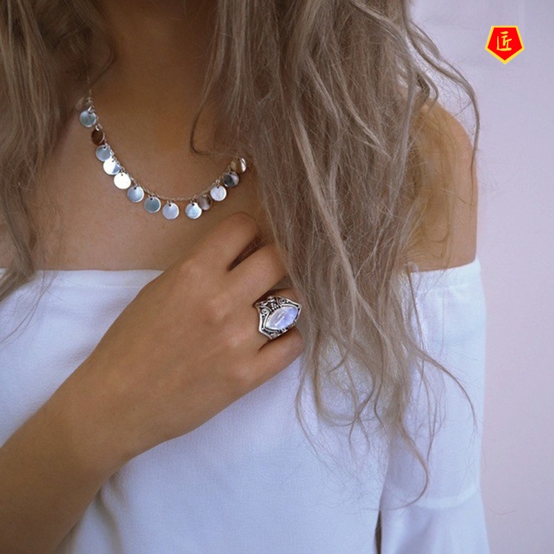 [Ready Stock]Retro Moonstone Silver Ring Exported Temperament